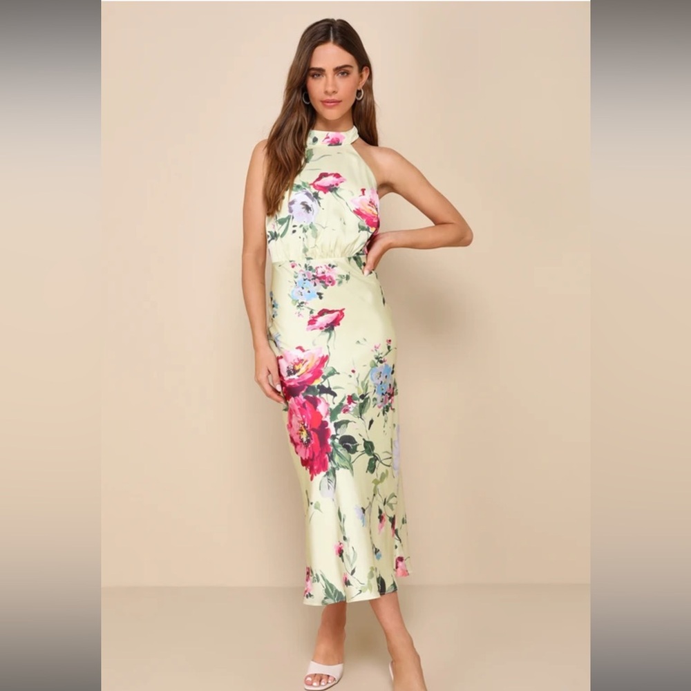 Lulu’s Luminous Delight Light Yellow Floral Satin Halter Midi Dress